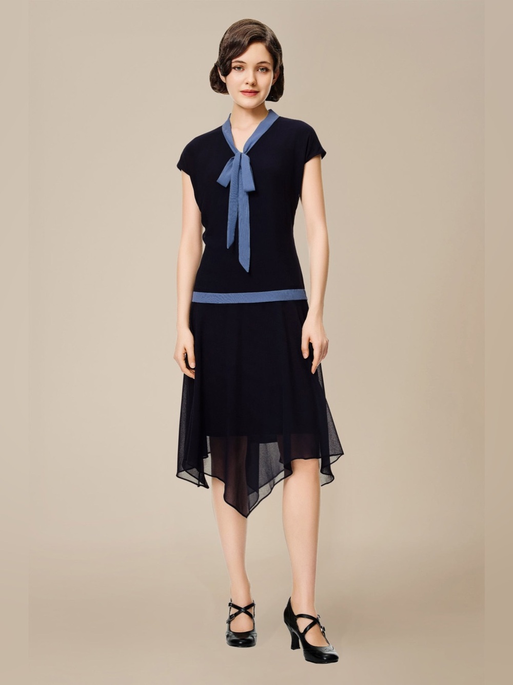 Babeyond Women’s Navy Blue High-Low Tie-Neck Dress with Light Blue Trim size 2